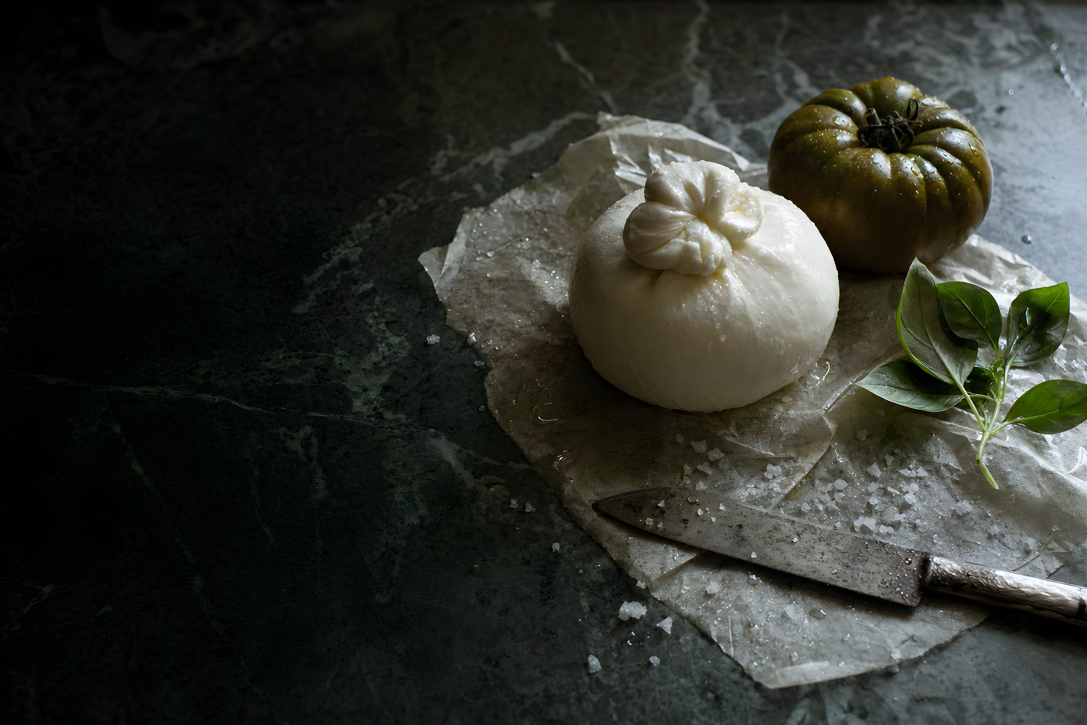 Une burrata entière, sa poche nouée, posée sur du papier sulfurisé humide sur un plan de marbre vert-gris, avec une tomate ancienne, du basilic, un couteau usé et du gros sel
